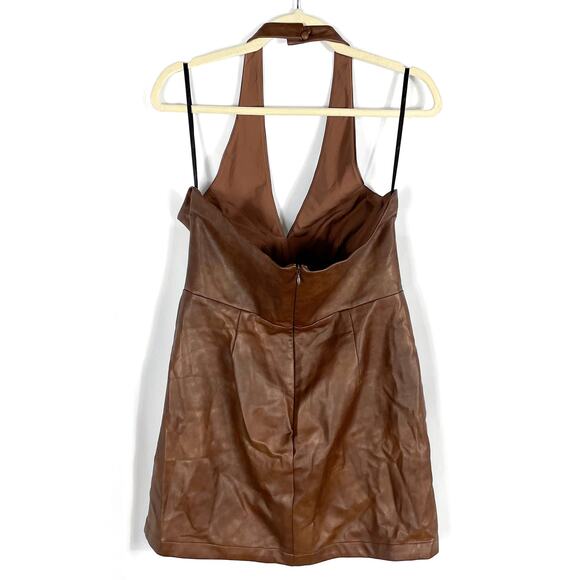 Tularosa Becca Faux Leather Halter Dress Brown‎ Sleeveless Sz L Mini Open Back - Picture 8 of 11
